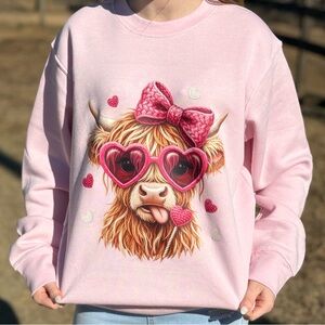 Pink Highland Cow Valentine Sweatshirt | Size Large | Cute Cow